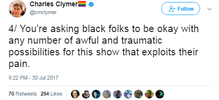 black-to-the-bones: This is what you , a white person, can do to enlighten those who are ignorant.  If the creators wanted to have a sympathetic depiction of slavery they woulda written it about actual slavery, rather than about some dreamed up BS where