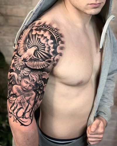 Angels and Dove Full Sleeve Tattoo Design  Full sleeve tattoos Sleeve  tattoos Full sleeve tattoo design