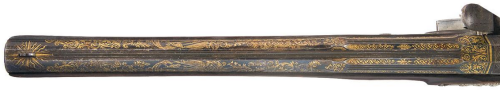 A matching set of engraved and gold inlaid flintlock pistols with Liege (Belgian) proof marks.  Late