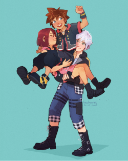 hawberries:  kingdom hearts stacks… it’s what best friends do![alt: three coloured digital drawings. one: riku, grinning, holds kairi in a bridal carry, who in turn is holding a laughing sora the same way. two: xion riding on roxas’s shoulders,