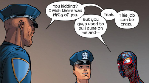 tedtheodorelogan:  cyborgcap:  Cataclysm: Ultimate Spider-Man #28  If you’re not familiar with Ultimate Marve, that’s Miles Morales as Spider-Man instead of Peter Parker. This is him without the costume:  Kinda puts that interaction in a different