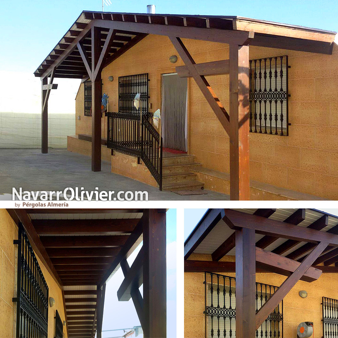 Porche para fachada de vivienda Pérgola adosada para vivienda rural construída en madera para exterior con pendiente a dos aguas, pilares sujetos por tornapuntas simples y compuestos.
>> Ver álbum