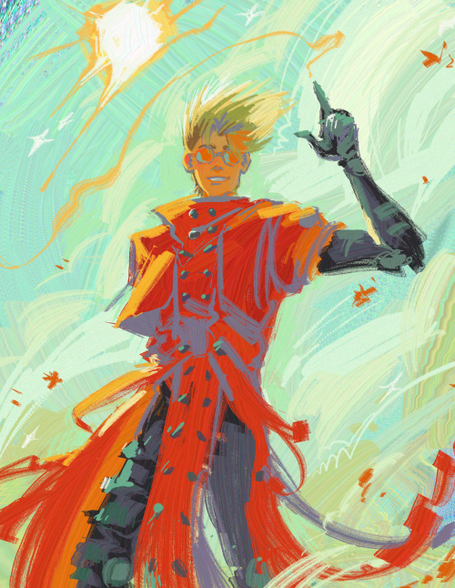 A digital painting of Vash the Stampede. He’s standing against a windy blue sky with a brightly flaring sun. We are looking slightly up at him, as he grins, jacket flying around in the wind. His prosthetic arm is raised, his hand in a finger gun position, a trail of bright smoke blowing off of his pointer finger.