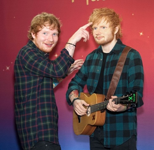 edsheeransource:Ed Sheeran seemed very happy with the results of his Madame Tussauds waxwork as it w