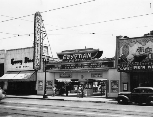 The Egyptian Theatre and the original Pig N Whistle, Hollywood, 1942.