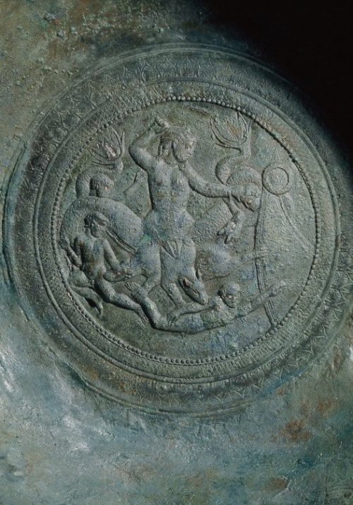 didoofcarthage:Bronze patera with Scylla attacking the companions of OdysseusRoman (excavated at Bos