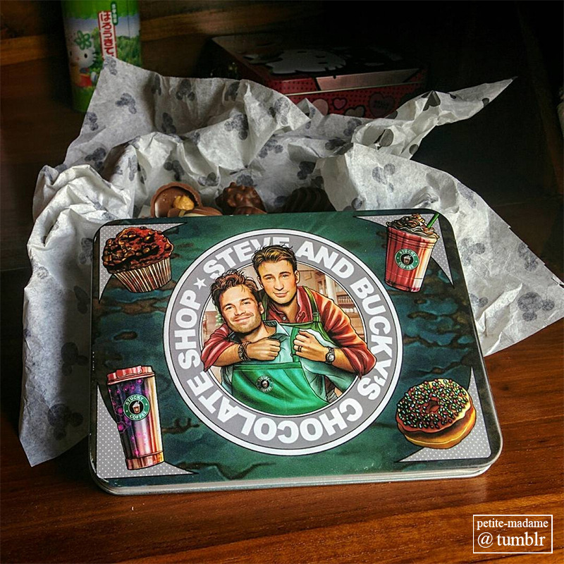 petite-madame:  “Stucky Coffee” badge and “Steve and Bucky’s Chocolate Shop”