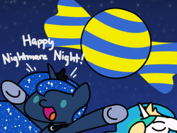flutterluv: Happy Nightmare Night(Halloween) Princess, did you turn the moon into a giant candy?  &lt;3