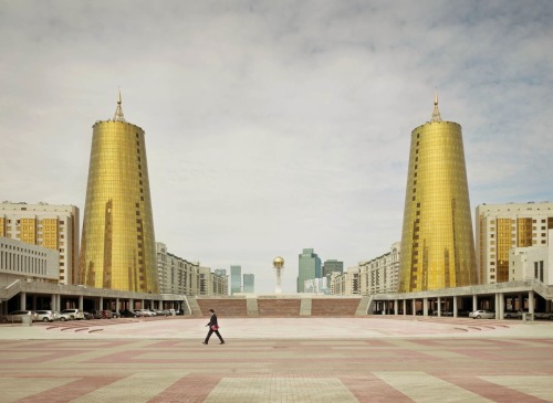 humanoidhistory:Welcome to Astana, Kazakhstan. Locals call the two golden towers “the beer cans.” 