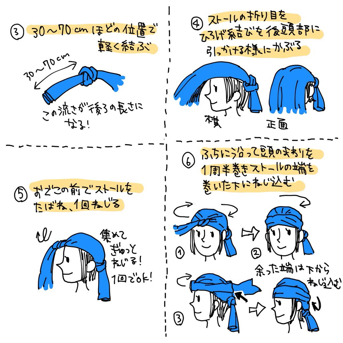 gkojax: セブンさんのツイート: ベルベル人に教えてもらったベルベル巻きのやり方描きました。帽子が無い時に即席帽子にもなると思うし、後ろに布を垂らすと首も涼しい。そして何気にインスタ映えする！😂