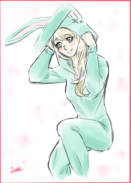 Cam in a bunny onesie and Kazu babysitting.