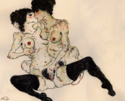 superbestiario:  Artist Rich Pellegrino was commissioned to create an original painting (after Schiele) for use in Wes Anderson’s newest film, The Grand Budapest Hotel. Two lesbians masturbating 