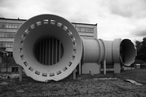 Junkers Windkanal (for aerodynamic tests), Dessau, Germany, 1934-35. Remains of the Junkers airplane