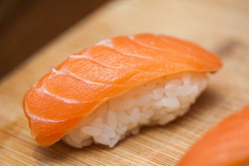 baselerd:Applewood-scented salmon nigiri with fresh wasabi.