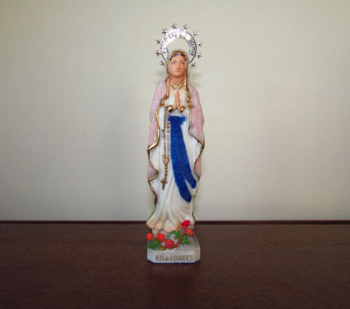 OUR LADY of LOURDES Notre Dame. Statue change color w/WEATHER FORECAST pink-blue