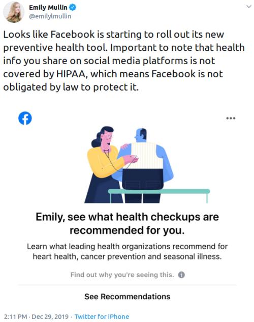 spoonie-living:  [Image: Tweet by Emily Mullin (@EmilyLMullin) and tweet by Isobelle Winter (@IsobelleWinter), both about the dangers of Facebook’s new preventative health screening tool. Images have been modified for visual ease but information has