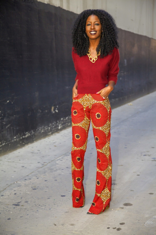 itsloudinsidemyhead:Dolman Sleeve Sweater + African Print TrousersPants; Sunny Rose | Necklace; avai