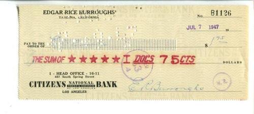 Here is an interesting piece of ephemera, a cheque signed by Edgar Rice-Burroughs for $1.75. I wonde