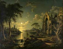arcadiainteriorana:  A Ruined Gothic Church beside a River by MoonlightSebastian Pether (British, 1790-1844) Oil on canvas, 112 x 142.3 cm, 1841.National Trust.