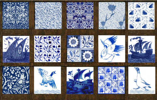 William Morris Tile: Blue and White Tiles. Top row: Brother Rabbit, Willow, Lodden, Medway, Fairytal