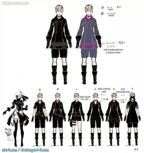inspomilk:Character design concepts of 2B, 9S, A2, Pod 042 and Pascal from NieR:Automata Translation credit: @rekka-alexiel nier2.com