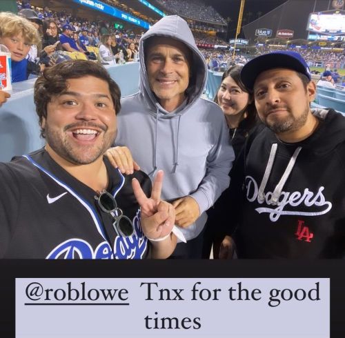 Harvey the umpire slayer with Rob Lowe at the LA Dodgers’ first home game of 2022.