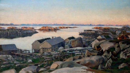 Ole Juul (1852 - 1927) - From Hattvika, Ballstad to Vestfjorden. Oil on canvas.