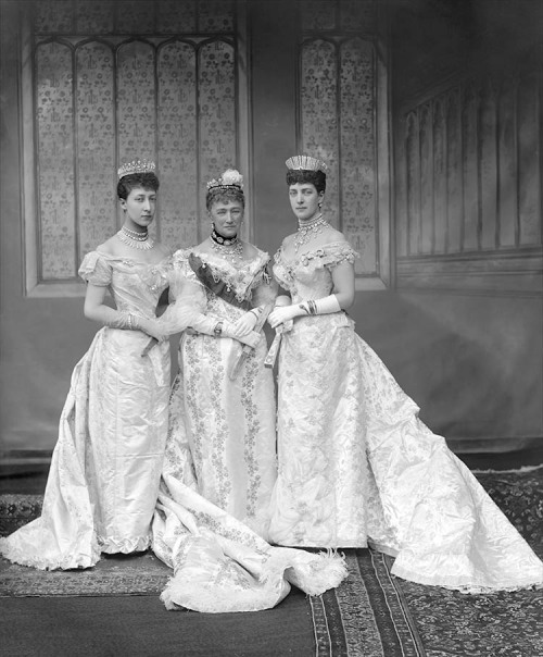 theimperialcourt:  Details of the jewels of Queen Alexandra of the United Kingdom, Queen Louise of Denmark and The Princess Royal, Duchess of Fife née Princess Louise of Wales at the wedding of the future King George V of the United Kingdom, 1893 