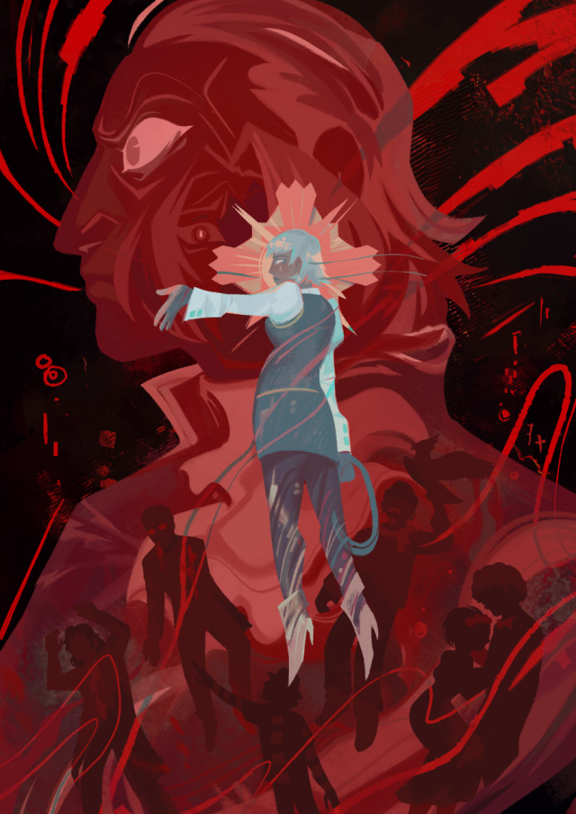 Fullbody painting of Franziska in profile facing left, standing/floating. She reaches out one open palm with a tired, but stern look in her eyes. The background is black with a wide-eyed Manfred Von Karma in bloody red profile, encompassing the whole composition around Franziska and facing the same direction as her. Within MVK's figure are the small floating figures of Robert Hammond, Gregory Edgeworth, Young Raymond reaching to him, Yanni Yogi with Polly, and Katherine with Jeff Masters. Faintly behind Franziska is a distraught Edgeworth looking directly at the viewer.