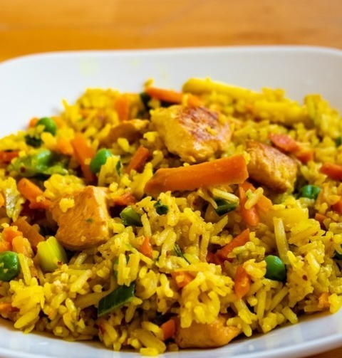 Chicken Recipe - Chicken Breast With Fried Rice, Carrots And Peas
