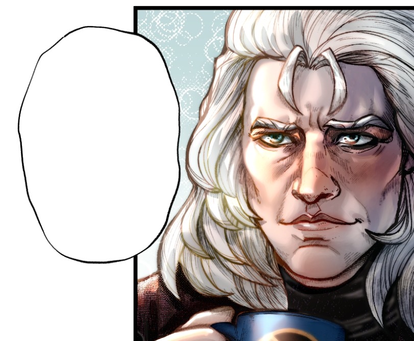 magneto with shojo-esque soft lighting drinking out of an x-men mug looking off panel with a loving expression while someone talks to him