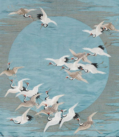 Main detail of &ldquo;Gift cover (fukusa) depicting &quot;the thousand cranes&rdquo; and sun in whit