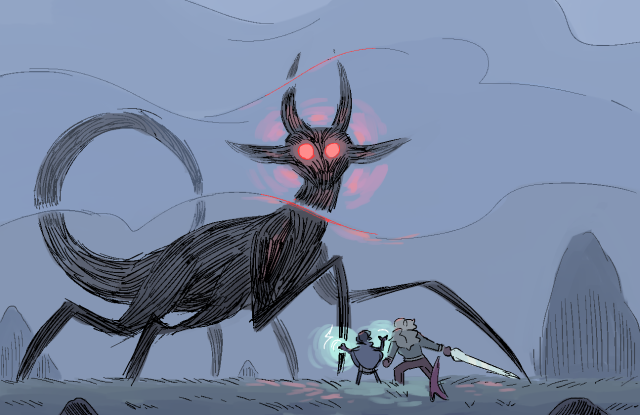 a digital drawing of Sol and Nyx facing off against a massive demon that is emerging from the mists. Magic lightning crackles from Nyx's hands while Sol has her sword drawn. This scene takes place in a field with a few standing stones scattered about.