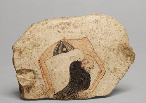 Ostracon of a DancerAn ostracon depicting a topless dancer in an acrobatic position with elaborate h