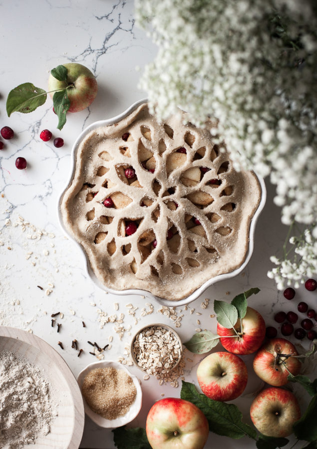 sweetoothgirl:  Spiced Cranberry Apple Pie + Oat Crust &amp; Orange Custard Sauce