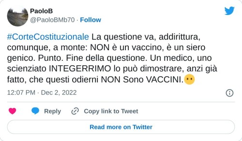 #CorteCostituzionale La questione va, addirittura, comunque, a monte: NON è un vaccino, è un siero genico. Punto. Fine della questione. Un medico, uno scienziato INTEGERRIMO lo può dimostrare, anzi già fatto, che questi odierni NON Sono VACCINI.😶  — PaoloB (@PaoloBMb70) December 2, 2022