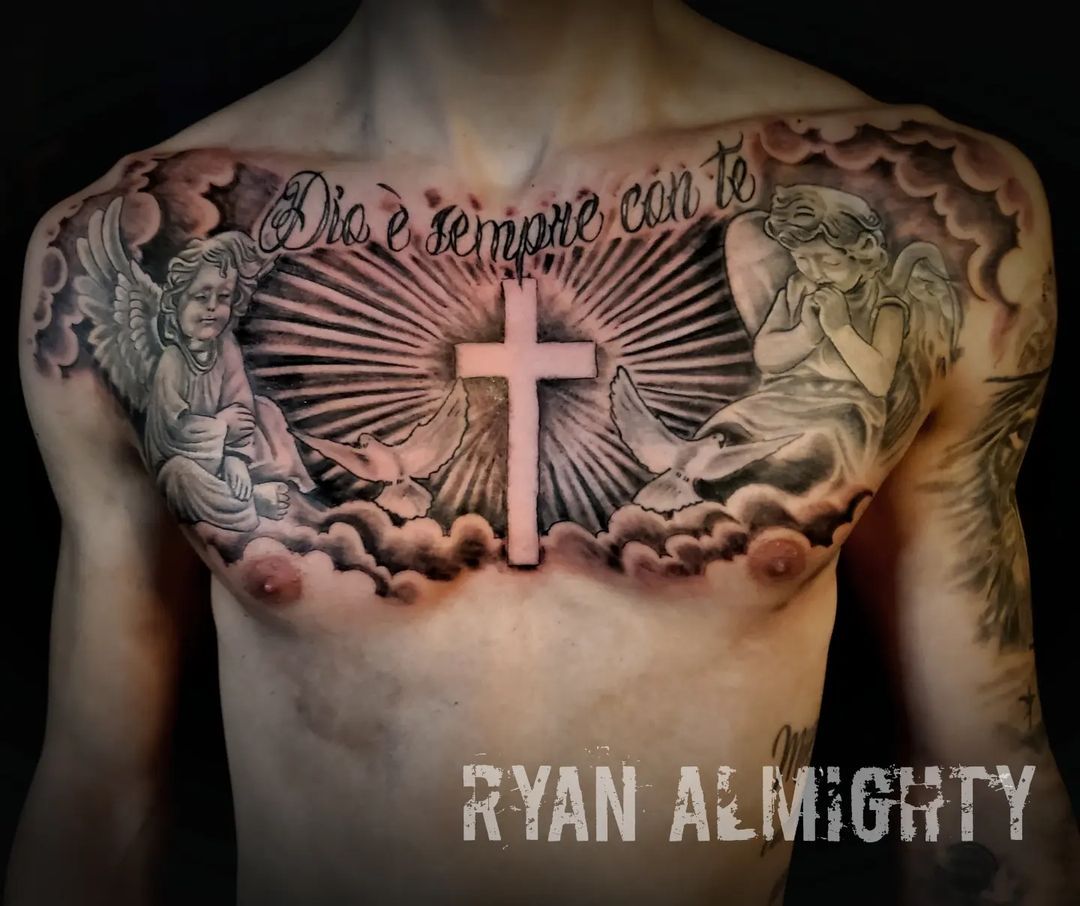 Final session on epic chest piece… This kid Is TOUGH!
#almightystudios #RyanAlmighty #tattoo #chesttattoo #crosstattoo #religioustattoo #tattoolife #angel tattoo (at Almighty Studios Gallerie...