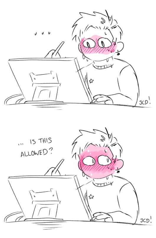 jamscandraw:    do you ever draw something for yourself that’s so deliciously self-indulgent that you just sit there like  [Image ID: 2 digital drawings of a short-haired person drawing on a tablet. In the first image they are looking at the screen