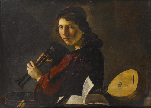 Pietro Paolini, ‘A Young Man holding bagpipes standing beside a table with a lute, a tambourine and 