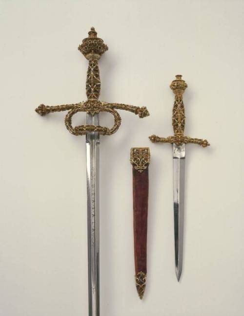 A golden hilted Rapier and Parrying Dagger set delicately decorated with enamel, given by Emperor Ma