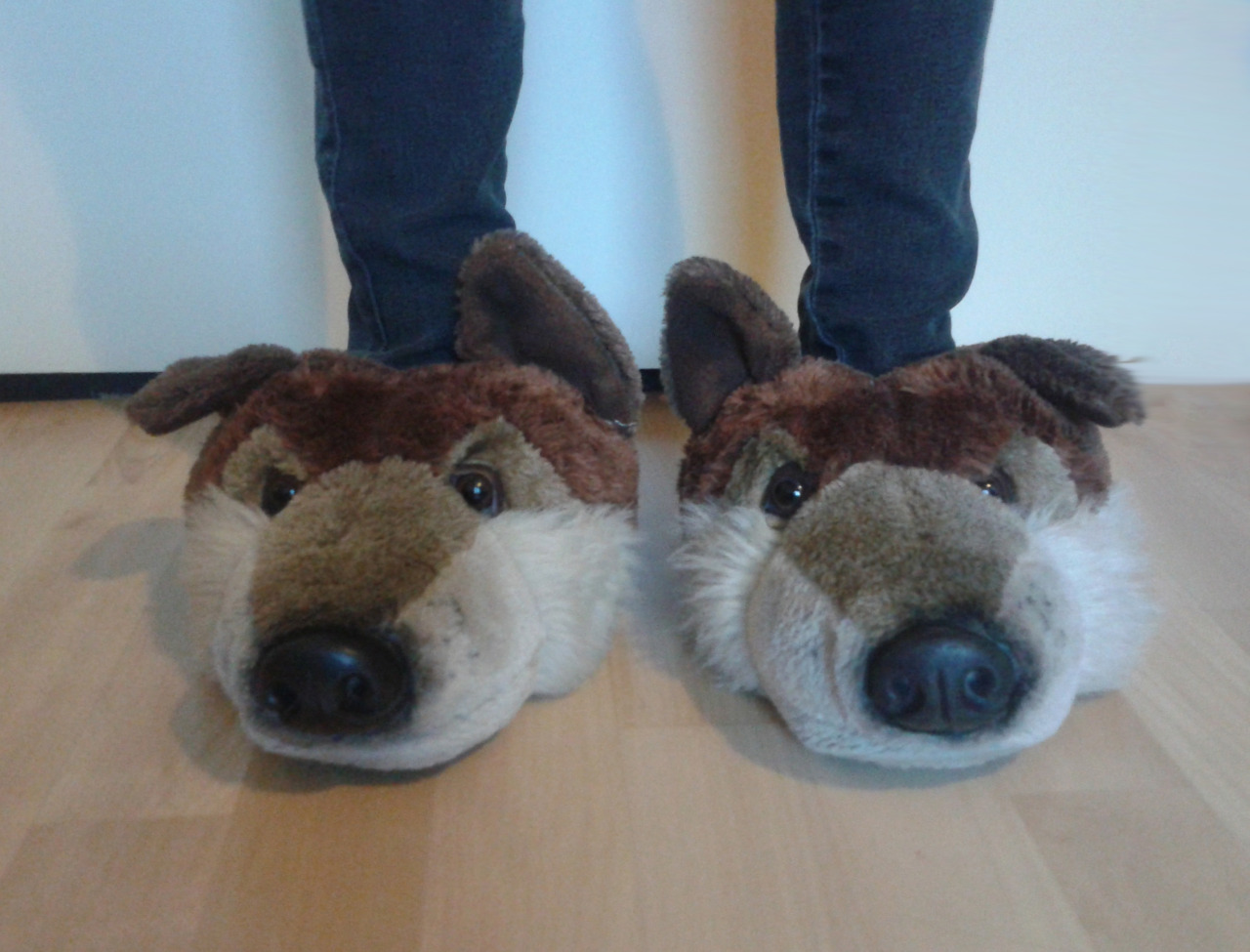 wolveswolves:  My sister&rsquo;s wolf slippers - cute!