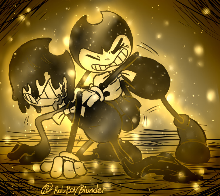 Bendy on the right is forcing the ink demon on the left down against the floor in a fight, both glowing with a gold sparkling aura as the ink demon is transformed into a small bendy-like form
