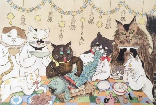 junji-info: “Cat’s Party,” by Ayako Ishiguro, Junji Ito’s wife. Pictured are