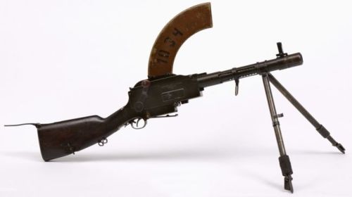 A short barreled Madsen light machine gun, a Danish manufactured weapon used in the 1930’s and