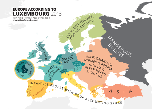 atlasofprejudice:Europe According to Luxembourg (2013) from Atlas of Prejudice: The Complete Stereot