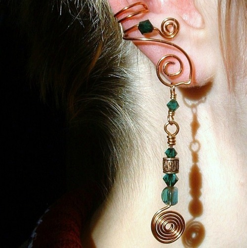 Ear Cuff Celtic Spirals Copper Green Irish, No Piercing Dangle Ear Cuff Earrings by Thyme2dream on S