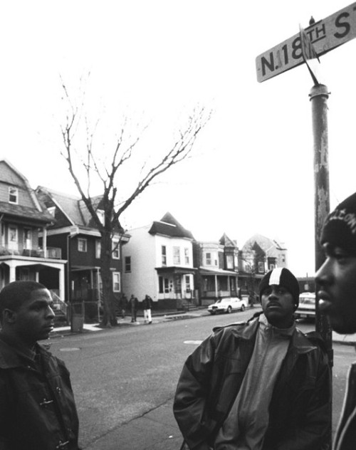 Naughty by Nature standing on a street corner on North 18th street in East Orange, New Jersey.  circa 1995  Chi Modu