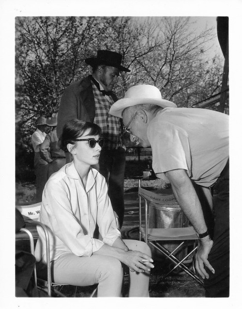 rareaudreyhepburn:Audrey Hepburn and director William Wyler on the set of Love in the Afternoon, 195