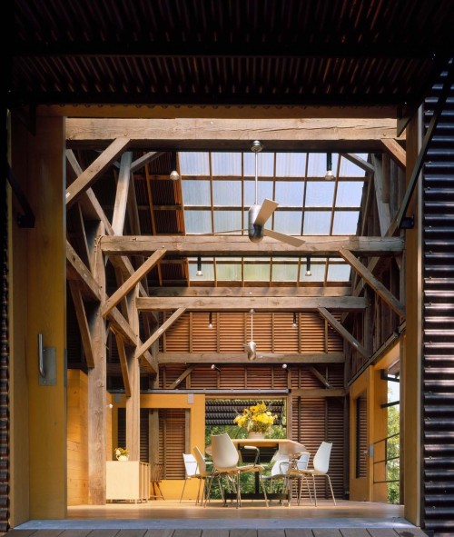 Converted 1880s barn with exposed beams and a skylight in Weston, Platte County, Missouri via reddit