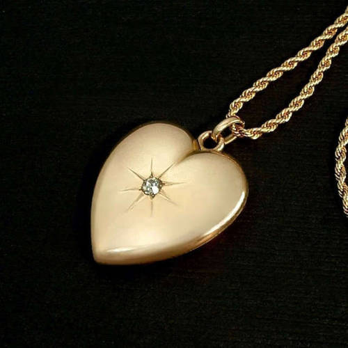 W&H Co Signed Victorian LOCKET Necklace HEART Gold Filled, Diamond Paste, Insert Frames, Cellulo